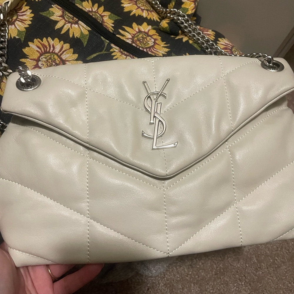 Cream puffer leather purse chain handle